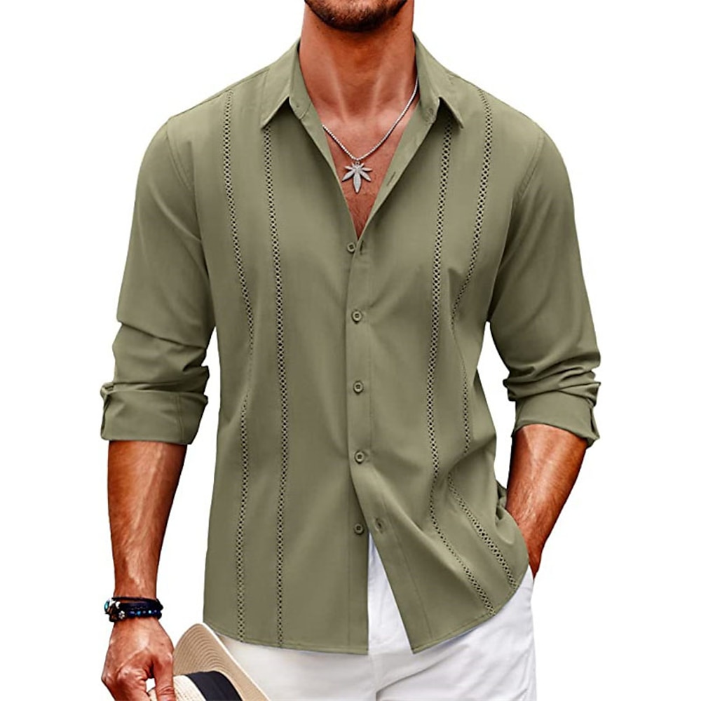 Herren Hemd leinenhemd Hemd aus Baumwollleinen Guayabera Hemd Sommerhemd Lässiges Hemd Glatt Casual Täglich Schwarz Weiß Marineblau Blau Langarm Kargen Frühling Sommer Bekleidung Lightinthebox