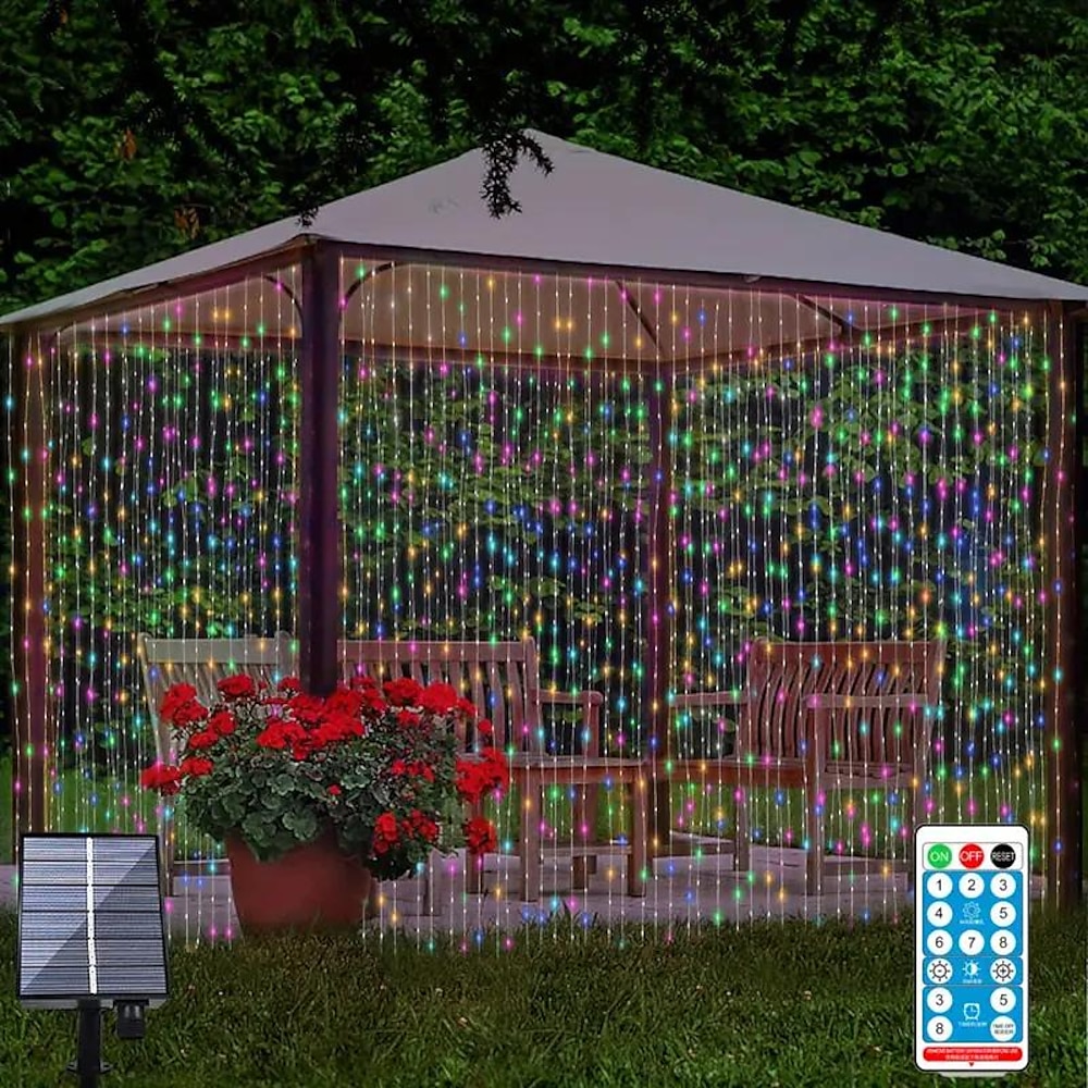 3 x 3 m, 300 LEDs, Solar-Vorhangleuchte, Fernbedienung für den Außenbereich, 8 Beleuchtungsmodi, Lichterkette, IP65, wasserdicht, Lederfaden-Lichter, Weihnachtsfeier, Hochzeit, Zuhause, Schlafzimmer, Lightinthebox