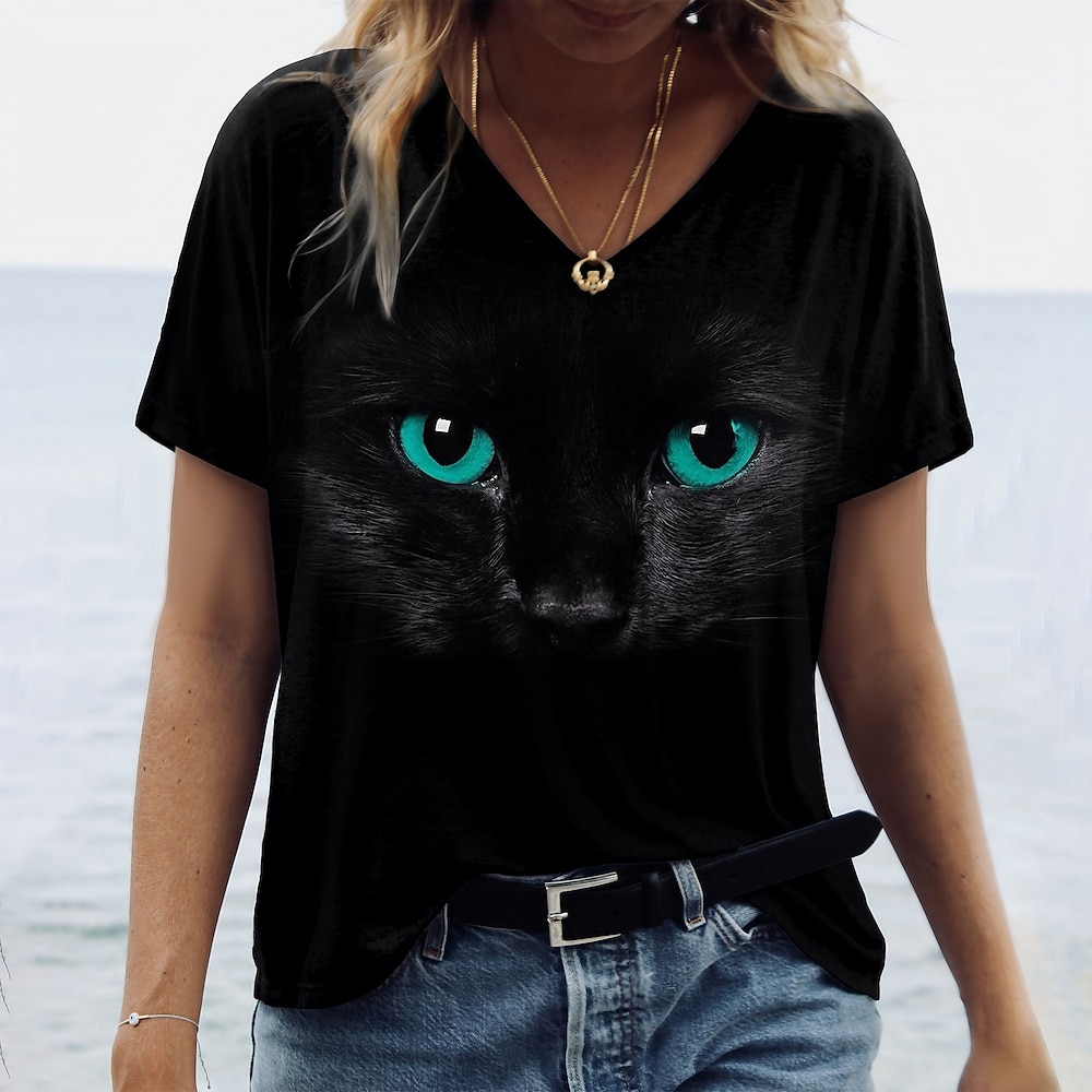 Damen T Shirt Katze Bedruckt Täglich Wochenende Basic Kurzarm V Ausschnitt Schwarz Lightinthebox