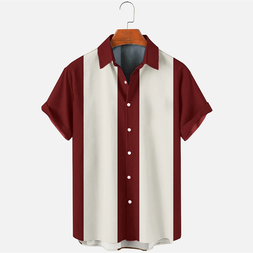 Herren Hemd Sommerhemd Knopfhemd Bowling-Shirt Wein Marineblau Blau Kurze Ärmel Farbblock Grafik-Drucke Umlegekragen Heißprägen Sport Hawaiianisch Bedruckt Bekleidung Modisch Hawaiianisch 1950s Lightinthebox