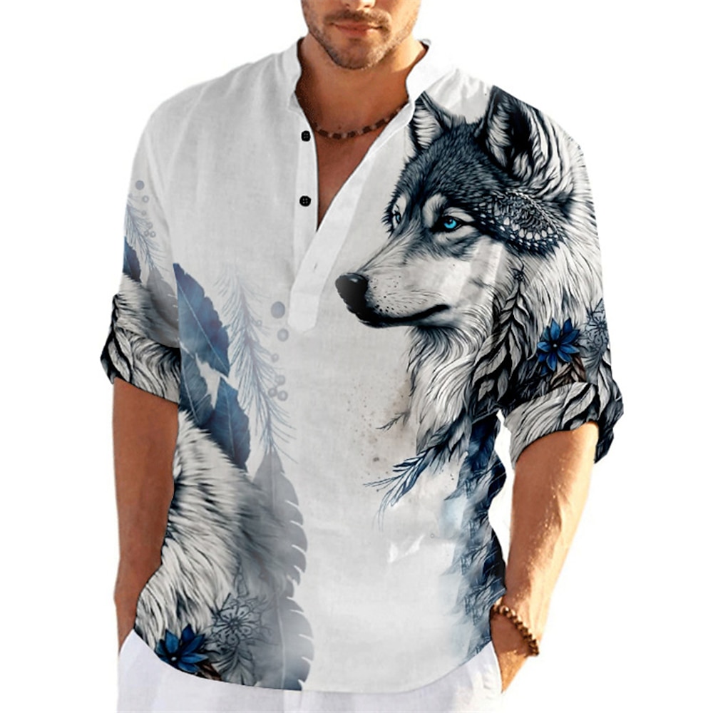 Herren Tier Wolf Grafik-Drucke Hemd Langarm Modisch Strassenmode Designer Casual Ausgehen Sommer Frühling Herbst Ständer Bedruckt Schwarz Weiß Gelb Blau Braun Lightinthebox