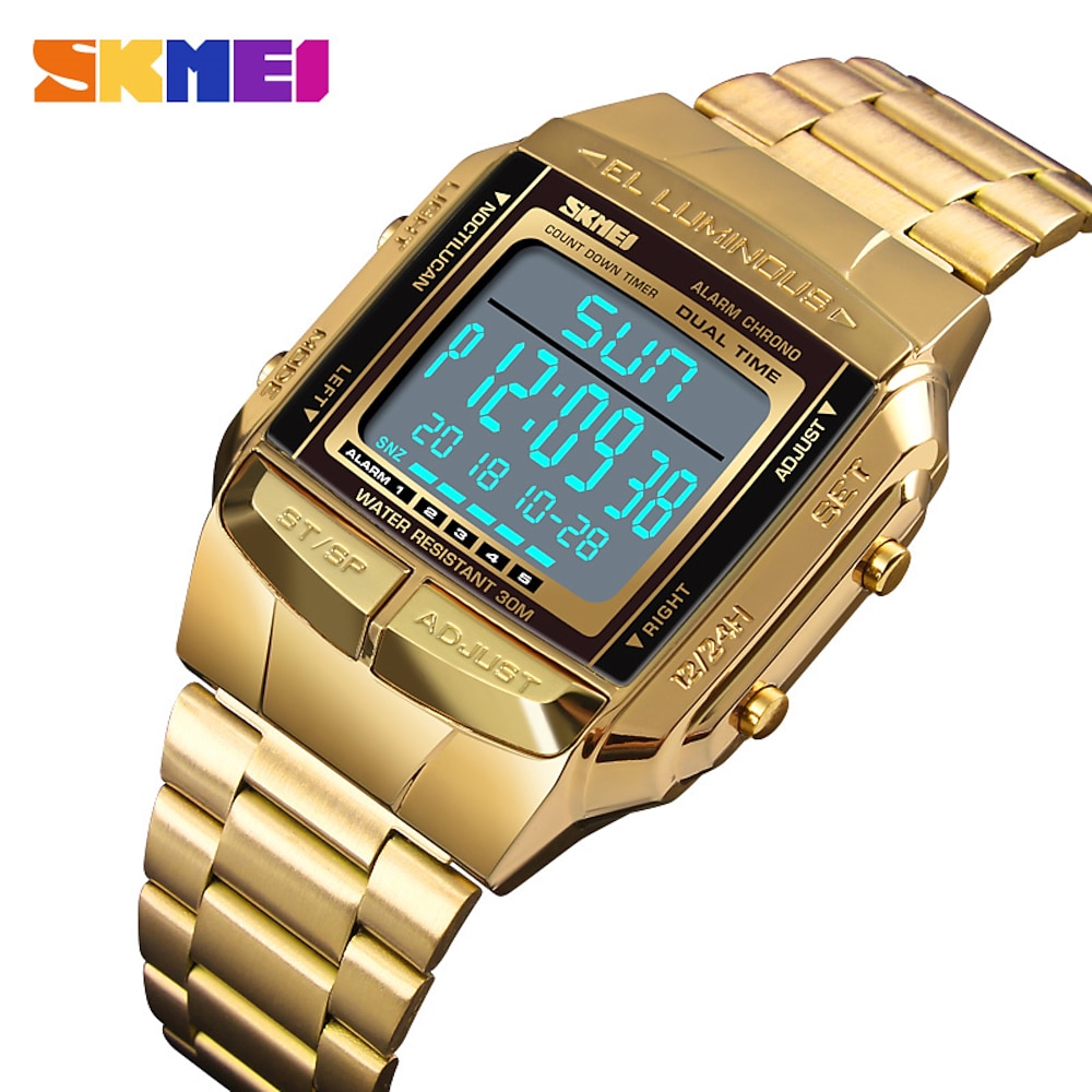 Skmei 1381 Luxuriöse Herren-Armbanduhr, goldfarben, digitale Uhren, Edelstahl, Top-Marke, Relogio Masculino, Saatler Herrenuhr Lightinthebox