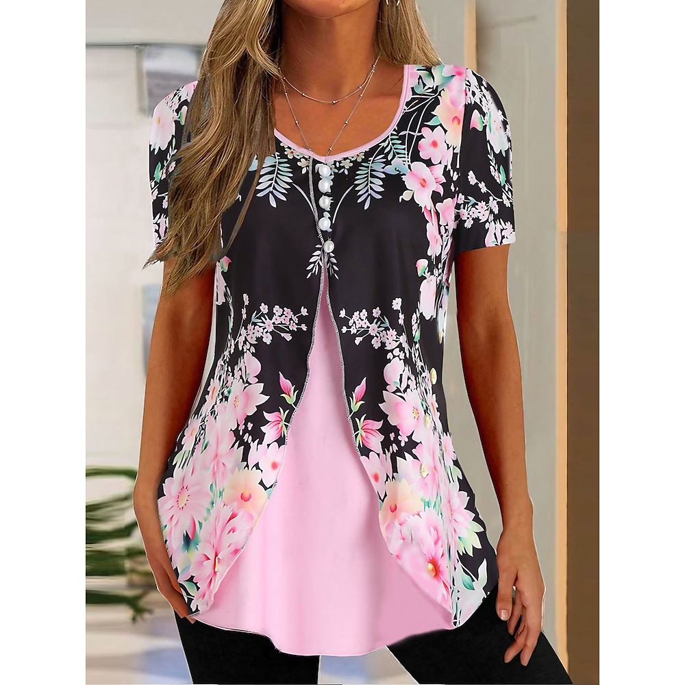 Damen T Shirt Blumen Basic Kurzarm Rundhalsausschnitt Normale Oberteile Festtage Wochenende Knopf Bedruckt Rosa Marineblau Blau Lightinthebox