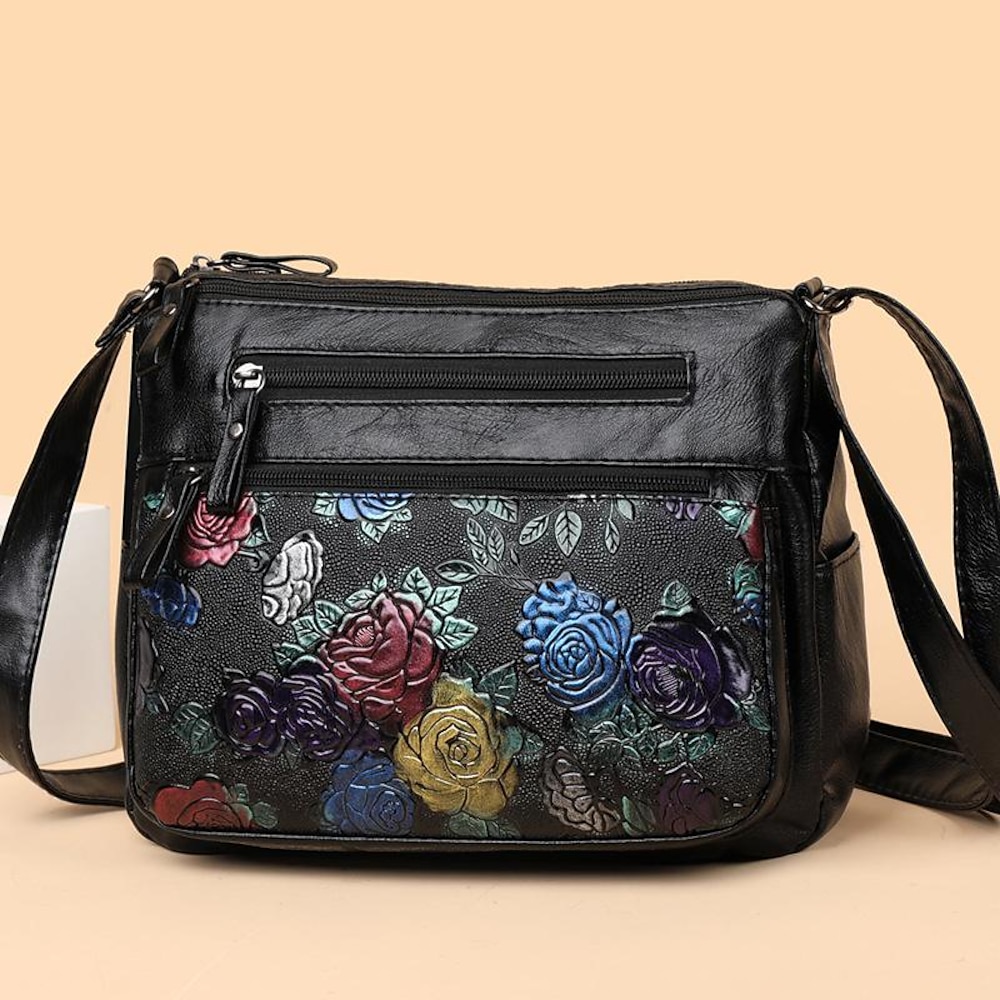 Damen Umhängetasche Schultertasche PU-Leder Outdoor B¨¹ro Reißverschluss Einstellbar Hohe Kapazität Leichtgewichtig Blume Schwarz Lightinthebox