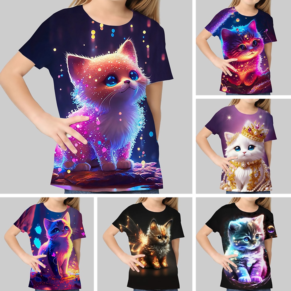 kinderkleidung Mädchen T-Shirt Graphic Outdoor 3D-Druck Kurzarm Rundhalsausschnitt Aktiv 7-13 Jahre Sommer Silber Schwarz Weiß Lightinthebox