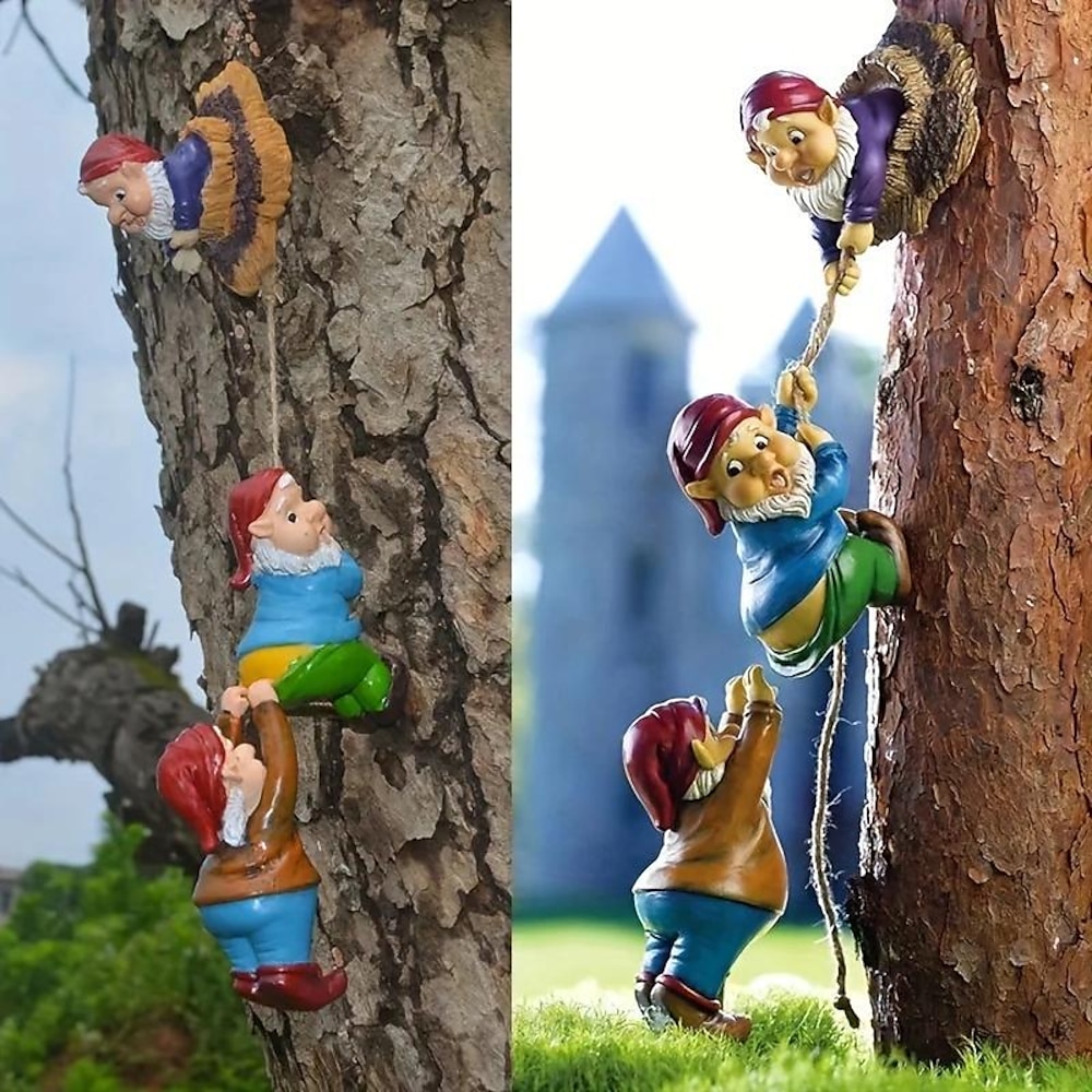 Gartenzwerg-Dekoration, 1 Gartenzwerg-Statue, Kletterzwerge, Feenbaum, Hugger, Gartenkunst im Freien für vier Jahreszeiten, Dekoration aus Kunstharz für Terrasse, Rasen, Gartenkunstdekoration Lightinthebox