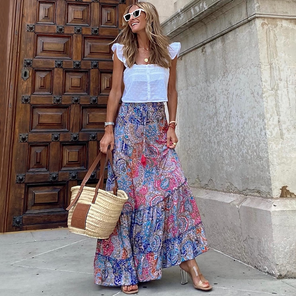 Damen A-Linie Swing Langer Rock Bohemia Maxirock Print Blumen Grafik Urlaub Casual Alltag Frühlingamp;sommer mode böhmisch boho rosa Lightinthebox