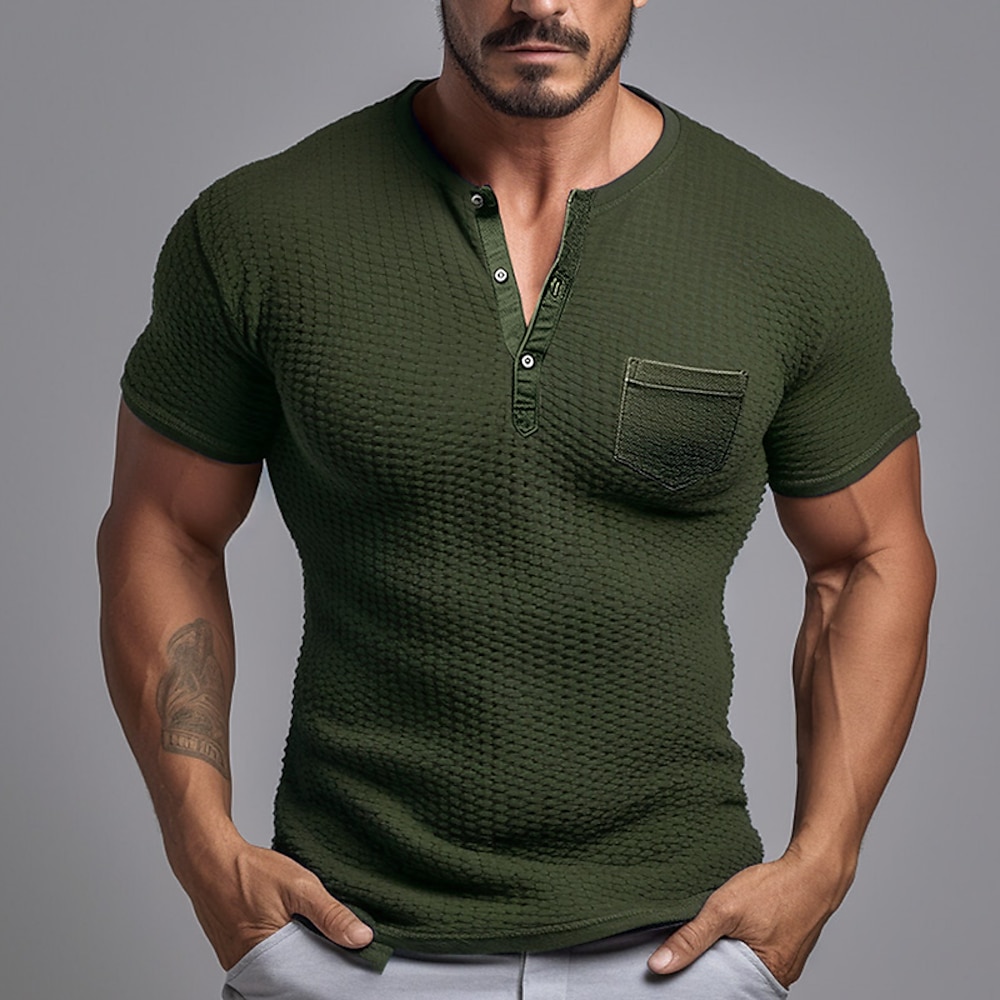 Herren Waffel-T-Shirt Henley Shirt Waffelstrick-T-Shirt T-Shirt Glatt Henley Strasse Urlaub Kurze Ärmel Tasche Bekleidung Baumwollmischung Modisch Basic Lightinthebox