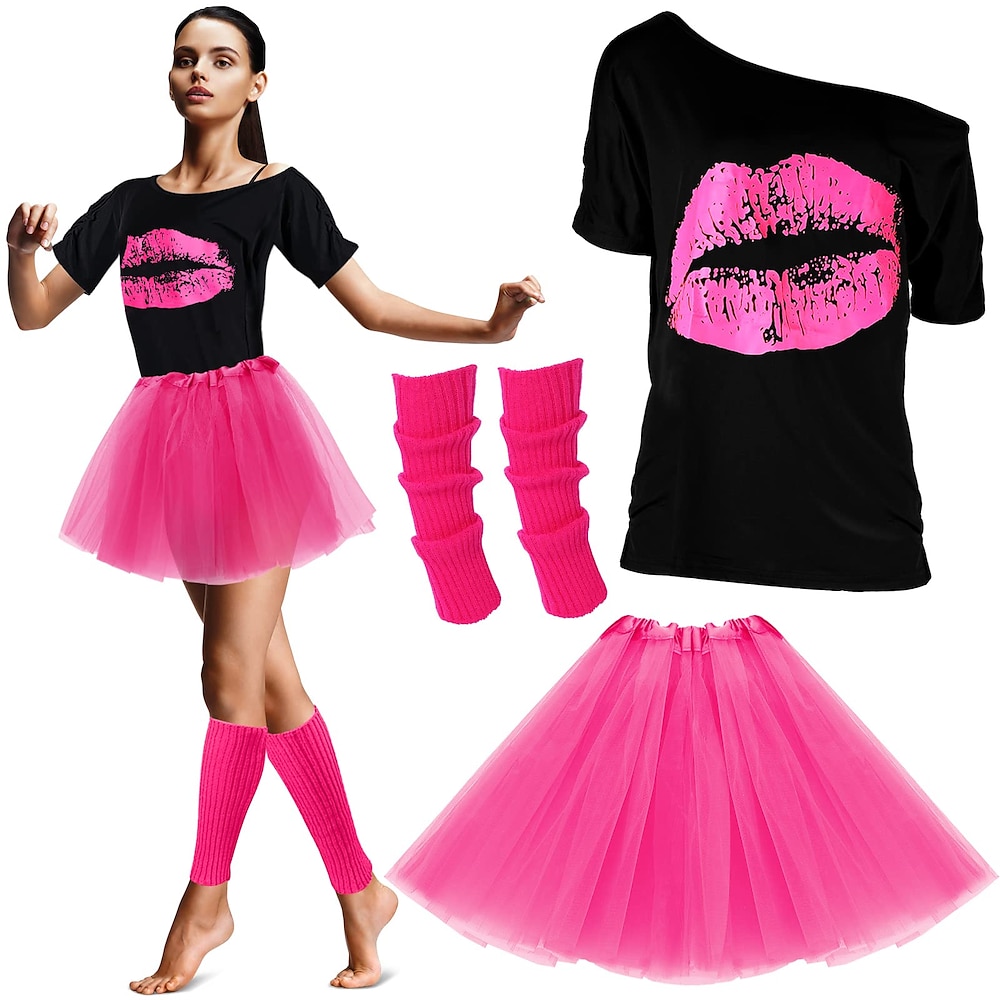 80er-Jahre-Outfits, Kostüme für Damen, 1980er-Jahre-Accessoires, Beinstulpen, T-Shirt mit Lippendruck, Tutu, Halloween-Party, Karneval Schlager Outfit Lightinthebox