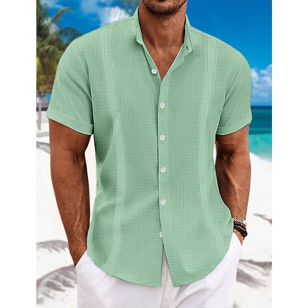 Herren Hemd leinenhemd Guayabera Hemd Hemd mit Stehkragen Sommerhemd Strandbekleidung Schwarz Weiß Blau Grün Kurzarm Glatt Kragen Sommer Casual Täglich Bekleidung Lightinthebox