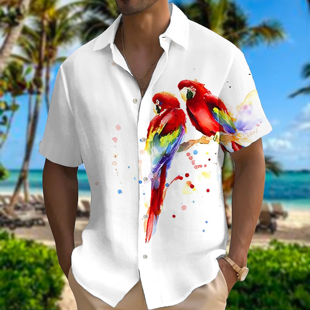 Herren Papagei Hemd Hawaiihemd Sommerhemd Aloha-Shirt Kurze Ärmel Hemd Umlegekragen Modisch Designer Brautkleider schlicht Outdoor Strasse Casual Rosa Rote Purpur S M L Lightinthebox