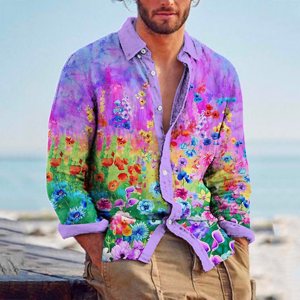 Herren Blumen Tropische Blumen Hemd Hawaiihemd Sommerhemd Langarm Hemd Umlegekragen Modisch Strassenmode Designer Outdoor Strasse Casual Rosa Purpur S M L Lightinthebox