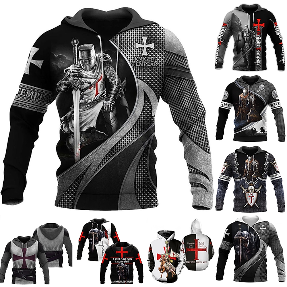 Herren Graphic Tempelritter Hoodie Sweatshirt Kapuze Hoodies Pullover Hoodie Sweatshirt Kapuze Langarm Sweatshirt mit Kapuze Mit Kapuze Designer 3D-Druck Arbeit Täglich Wochenende Weiß Dunkelgrau Lightinthebox