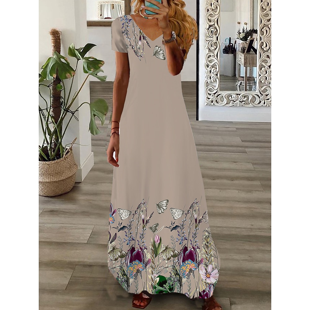 Damen Maxikleid Casual kleid Sommerkleid Kleid drucken Blumen Modisch Strassenmode Outdoor Täglich Verabredung Bedruckt Kurzarm V Ausschnitt Kleid Regular Fit Schwarz Weiß Rosa Sommer Frühling S M L Lightinthebox