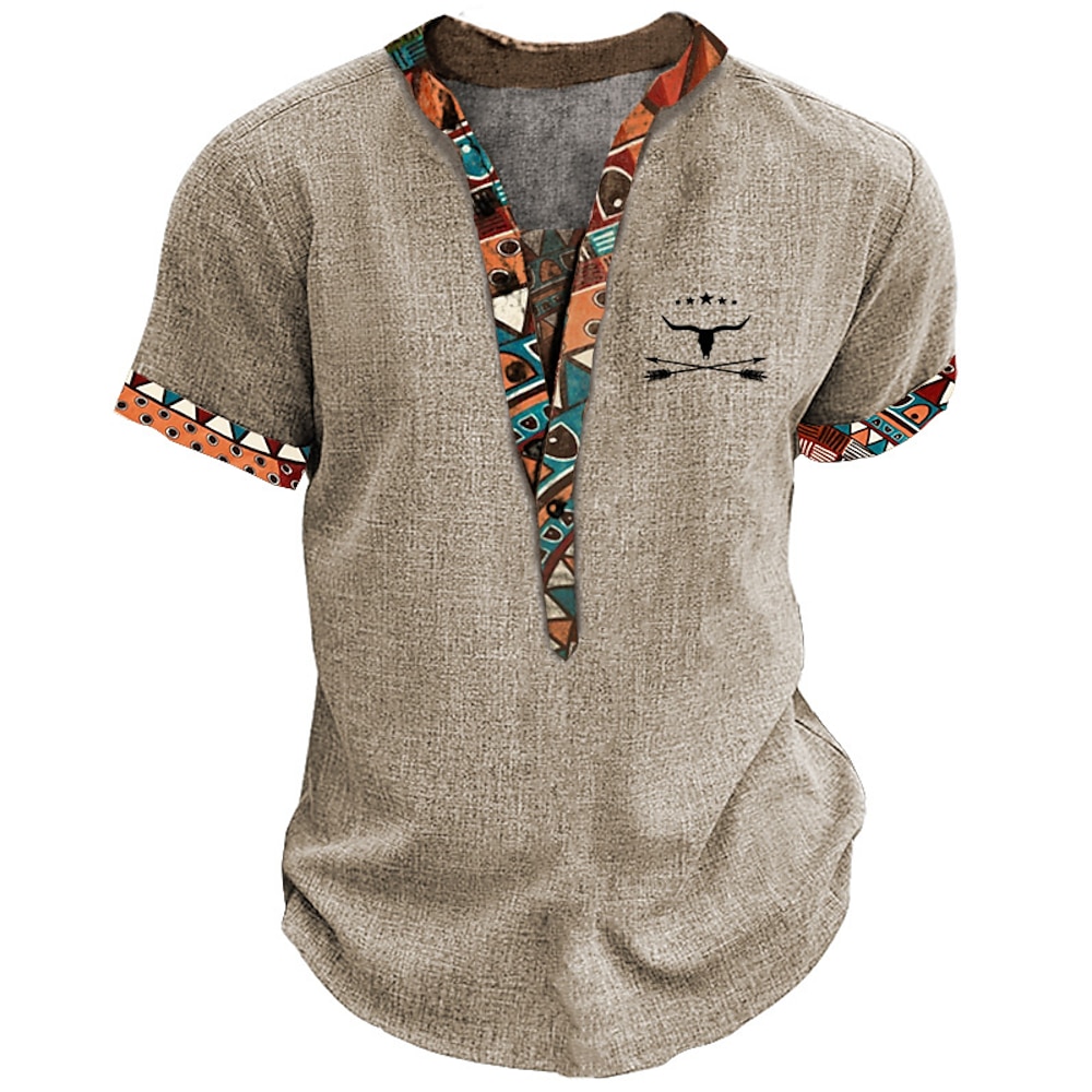 Herren Graphic Stammes Henley Shirt Kurzarm 3D-Druck Modisch Designer Basic Outdoor Täglich Sommer Blau Khaki Grau Ständer Henley T-Shirt Lightinthebox