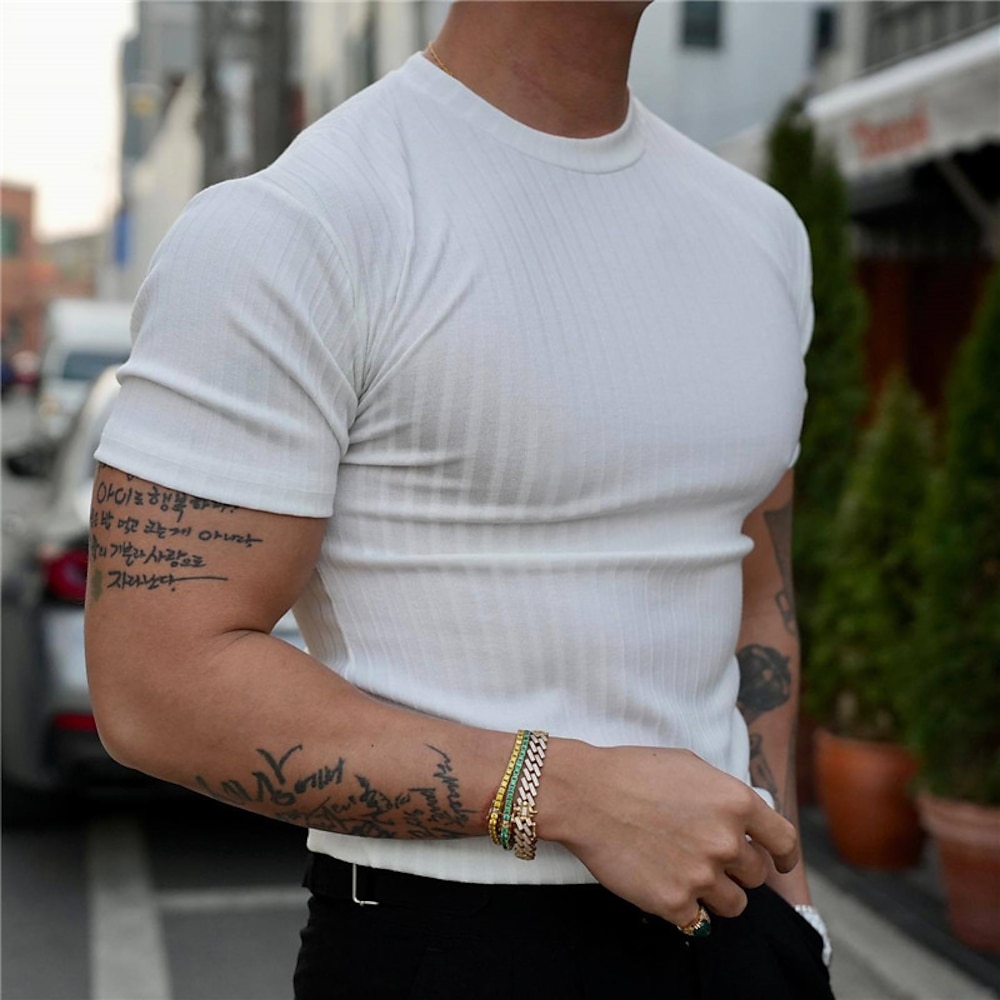 Herren T Shirt T-Shirt Glatt Grubenstreifen Rundhalsausschnitt Strasse Urlaub Kurze Ärmel Bekleidung Modisch Sport Basic Lightinthebox