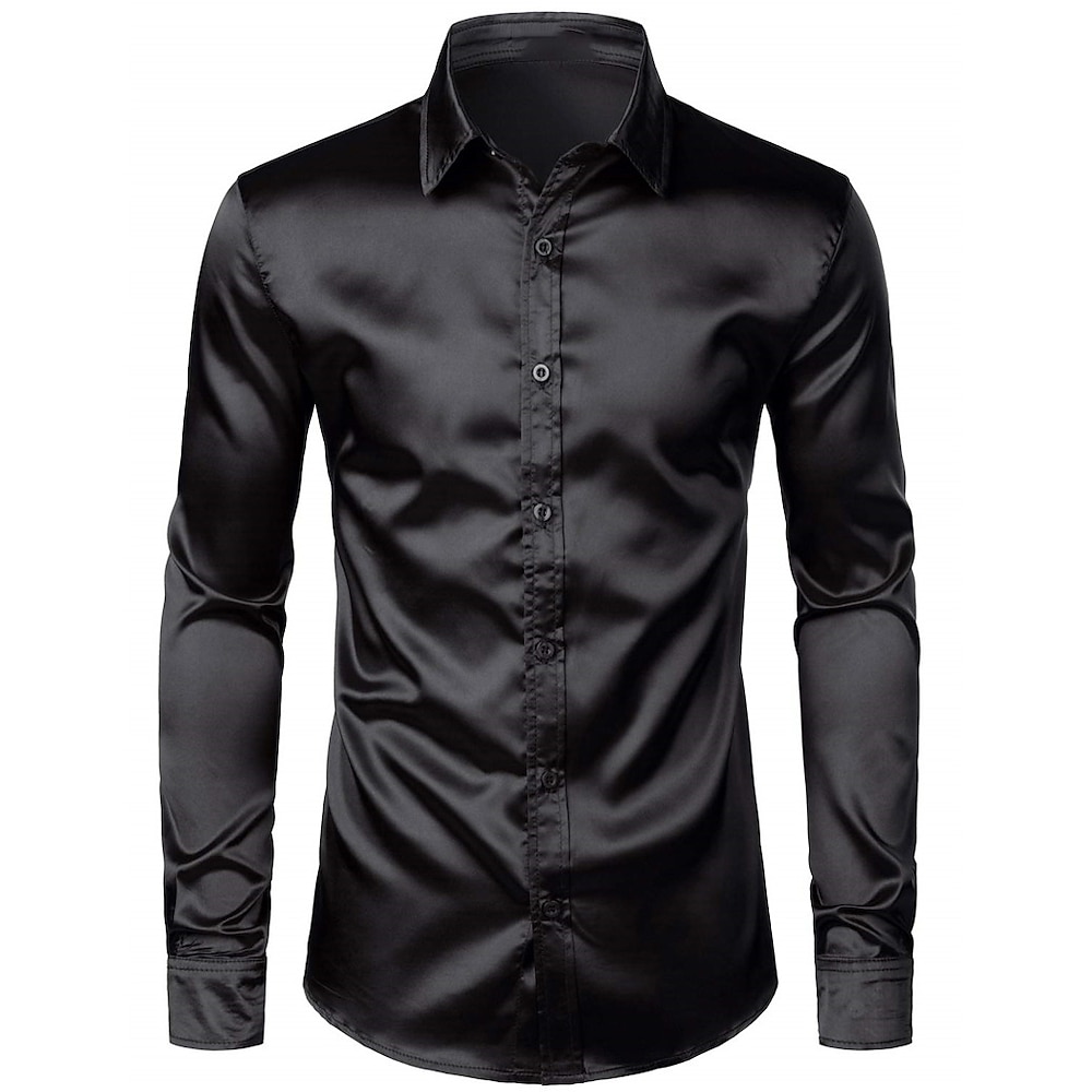 Herren Hemd Satinhemd Lässiges Hemd Knopfhemd Glatt Hochzeit Urlaub Schwarz Weiß Wein Blau Langarm Kargen Frühling Sommer Bekleidung Lightinthebox