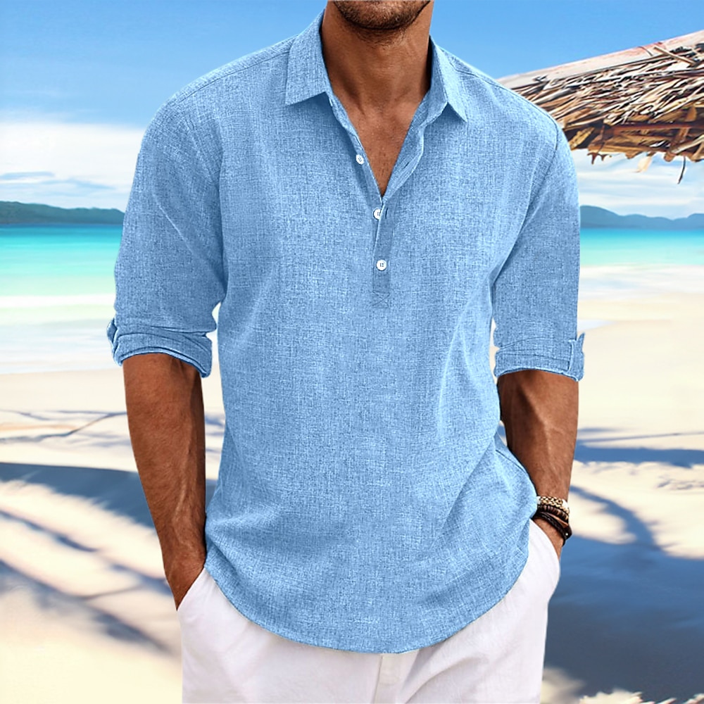 Herren Hemd leinenhemd Sommerhemd Strandbekleidung Glatt Casual Täglich Schwarz Weiß Blau Grün Langarm Kargen Frühling Sommer Bekleidung Lightinthebox