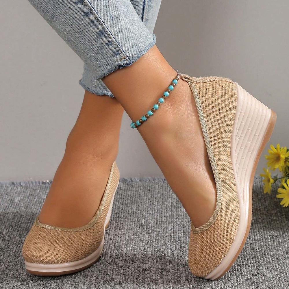 Beige Keilschuhe aus gewebtem Stoff für Damen - bequeme Slip-On-Plateauschuhe für den lässigen Sommer und den Alltag Lightinthebox