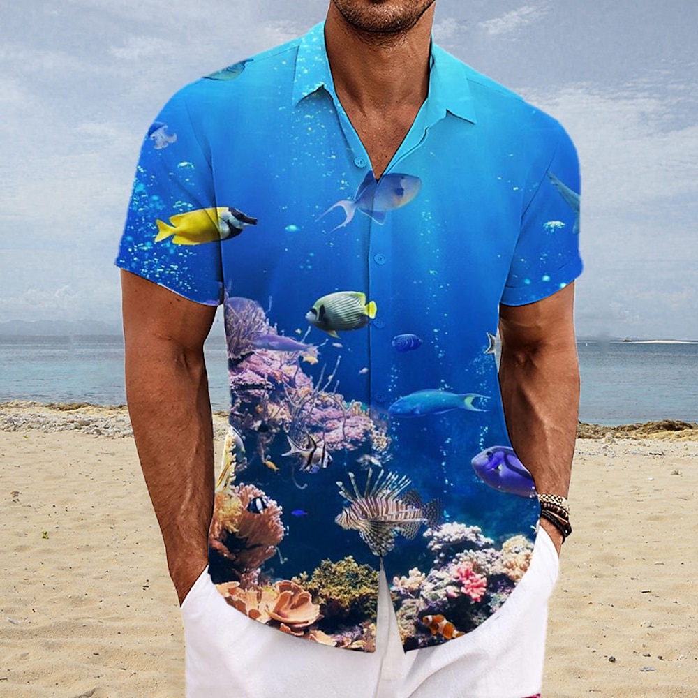 Herren Blumen Zitronengelb Fische Hemd Hawaiihemd Sommerhemd Kurze Ärmel Hemd Umlegekragen Modisch Strassenmode Designer Outdoor Strasse Casual Gelb Rosa Blau S M L Lightinthebox