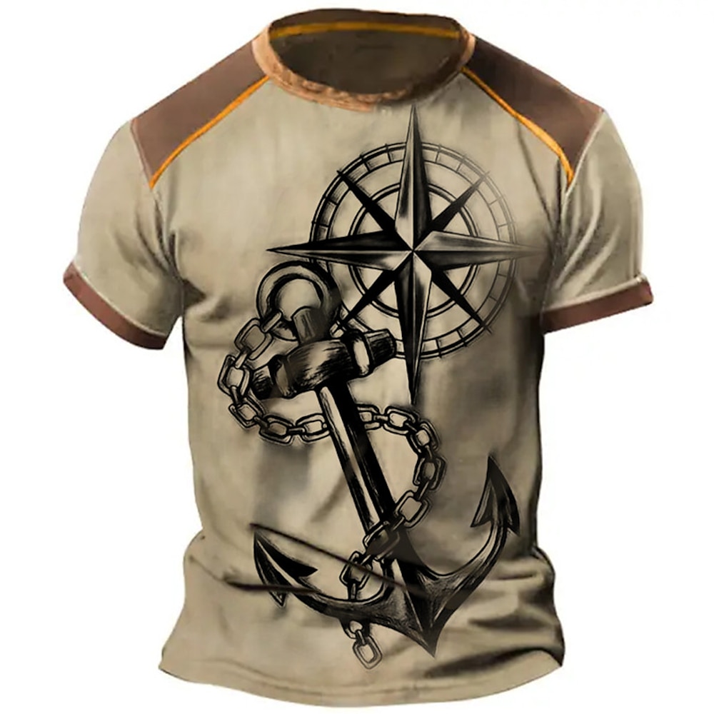 Herren Graphic Nautisch Anker Kompass T Shirt Distressed-T-Shirt Kurzarm T-Shirt 3D-Druck Rundhalsausschnitt Hemd Vintage Modisch Designer Outdoor Täglich Sport Khaki Frühling Sommer Bekleidung S M L Lightinthebox