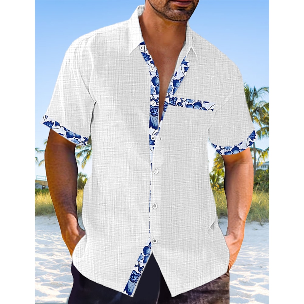 Herren leinenhemd Sommerhemd Lässiges Hemd Strandhemd Glatt Urlaub Curise Schwarz Weiß Rosa Dunkelmarine Kurzarm Kargen Frühling Sommer Bekleidung Lightinthebox