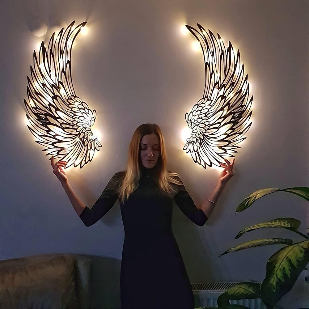 Engelsflügel-Wandkunst-Dekor mit Lichtern, 3D-Engelsflügel-Wandskulptur aus Metall, Kunst für den Innen- und Außenbereich, Wandbehang für Zuhause, Schlafzimmer, Wohnzimmer, Garten, Büro Lightinthebox