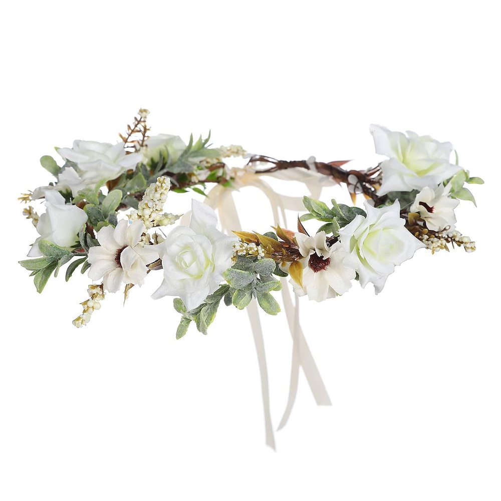 Blatt-Blumen-Kronen-Girlande-Kopfschmuck - handgefertigte Haargirlande, Blumenkranz, verstellbare Blumen-Stirnbänder für Braut, Hochzeit, Festival, Party, Blumenblätter-Krone (cremeweiß) Lightinthebox