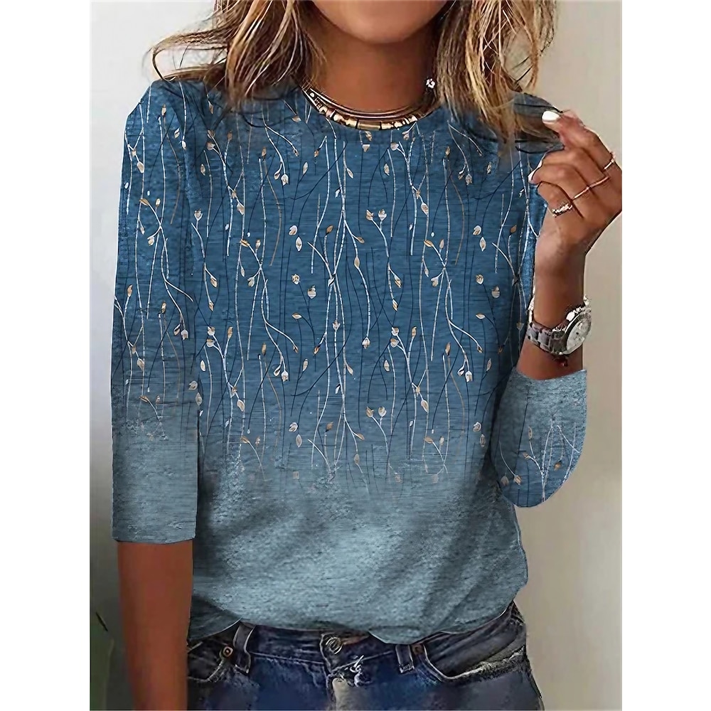 Damen T Shirt Blumen Bedruckt Festtage Wochenende Elegant Modisch Basic Langarm Rundhalsausschnitt Blau Herbst Winter Lightinthebox