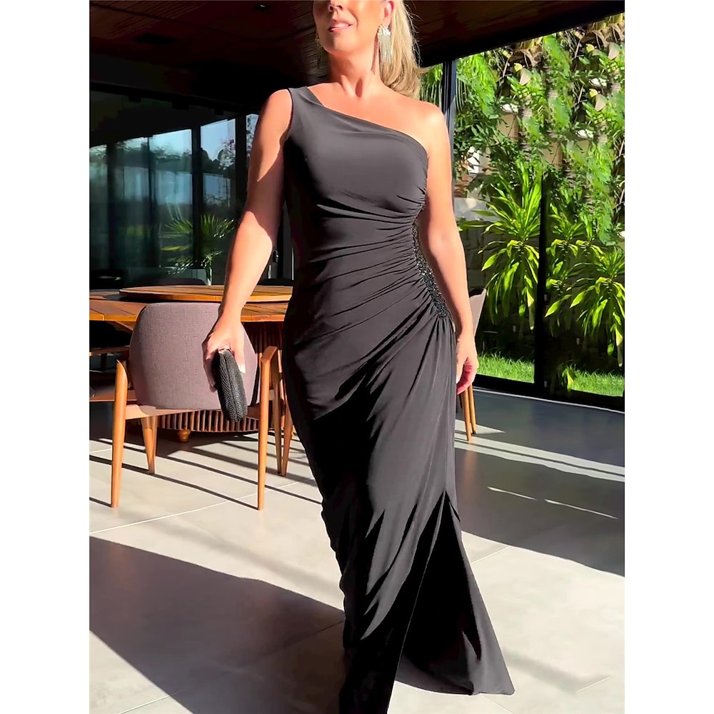 Damen schwarzes kleid Ballkleid abendkleider Kordelzug Gespleisst Ein-Schulter Ärmellos kleid hochzeitsgast Besondere Anlässe Schwarz Sommer Frühling Lightinthebox