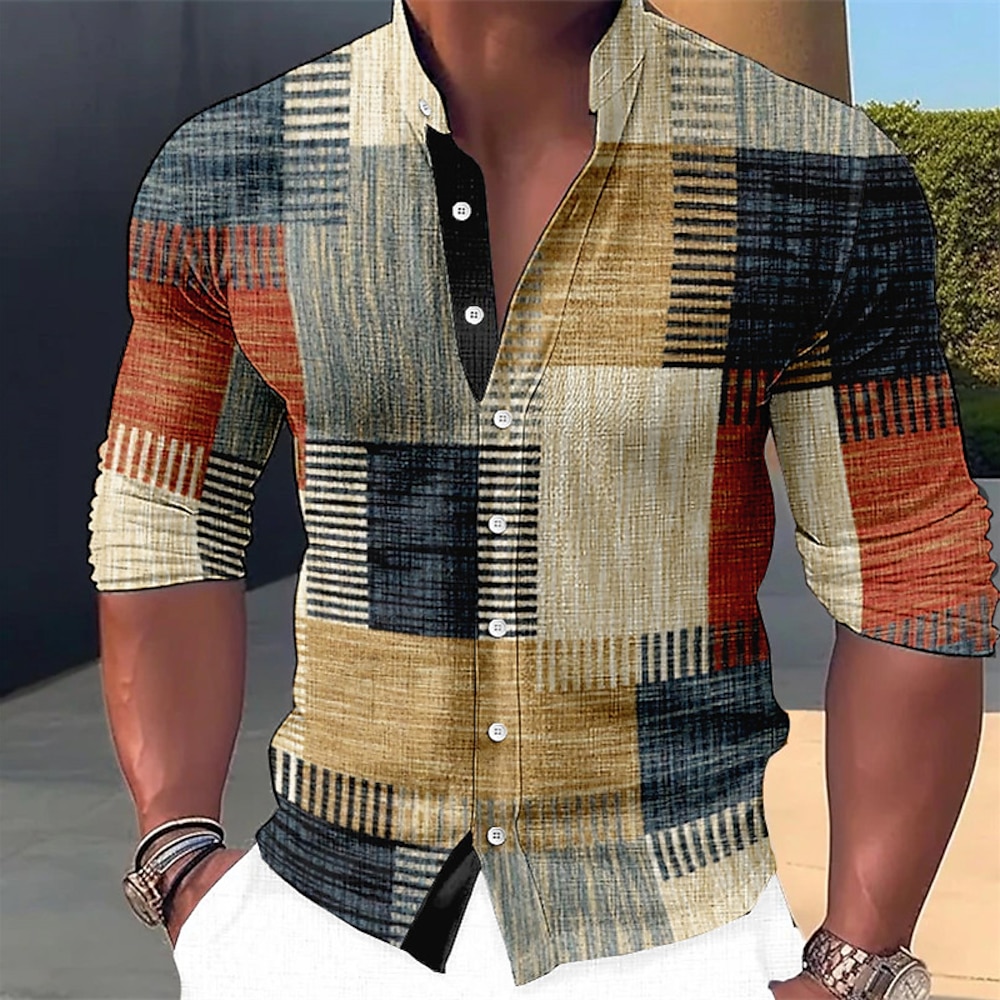 Herren Plaid / Karomuster Geometrische Muster Geometrie Hemd Knopfhemd Langarm Modisch Strassenmode Designer Outdoor Casual Täglich Sommer Frühling Herbst Ständer Bedruckt Gelb Blau Orange Grün Grau Lightinthebox