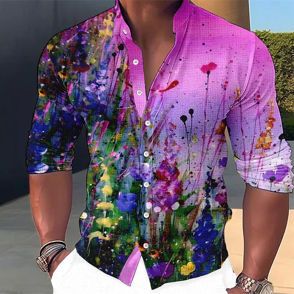 Herren Blumen Hemd Langarm Modisch Strassenmode Designer Outdoor Casual Täglich Sommer Frühling Herbst Ständer Bedruckt Gelb Blau Purpur Grün Grau Lightinthebox