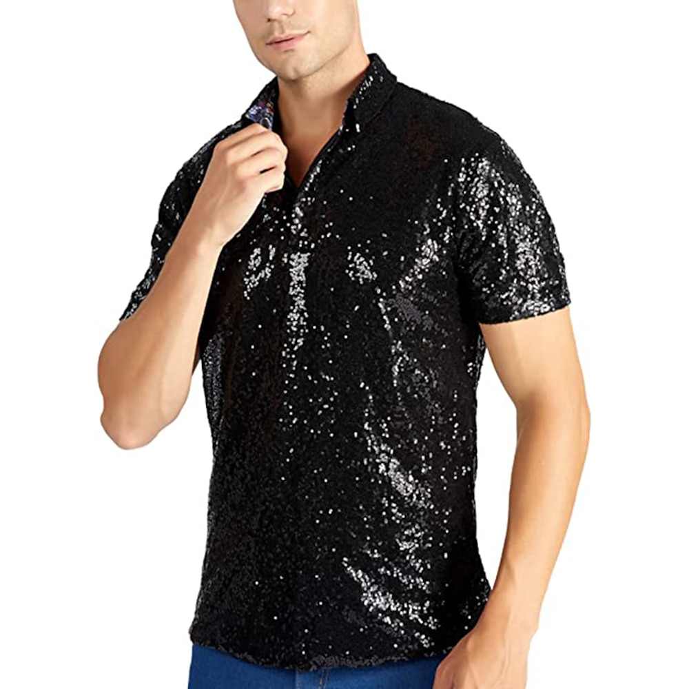 1970er-Jahre-Disco-T-Shirt für Herren, kurzärmlig, Turndown-Poloshirt mit glitzernden Pailletten, 70er-80er-Jahre-Disco-Nachtclub-Party-Tops Schlager Outfit Lightinthebox