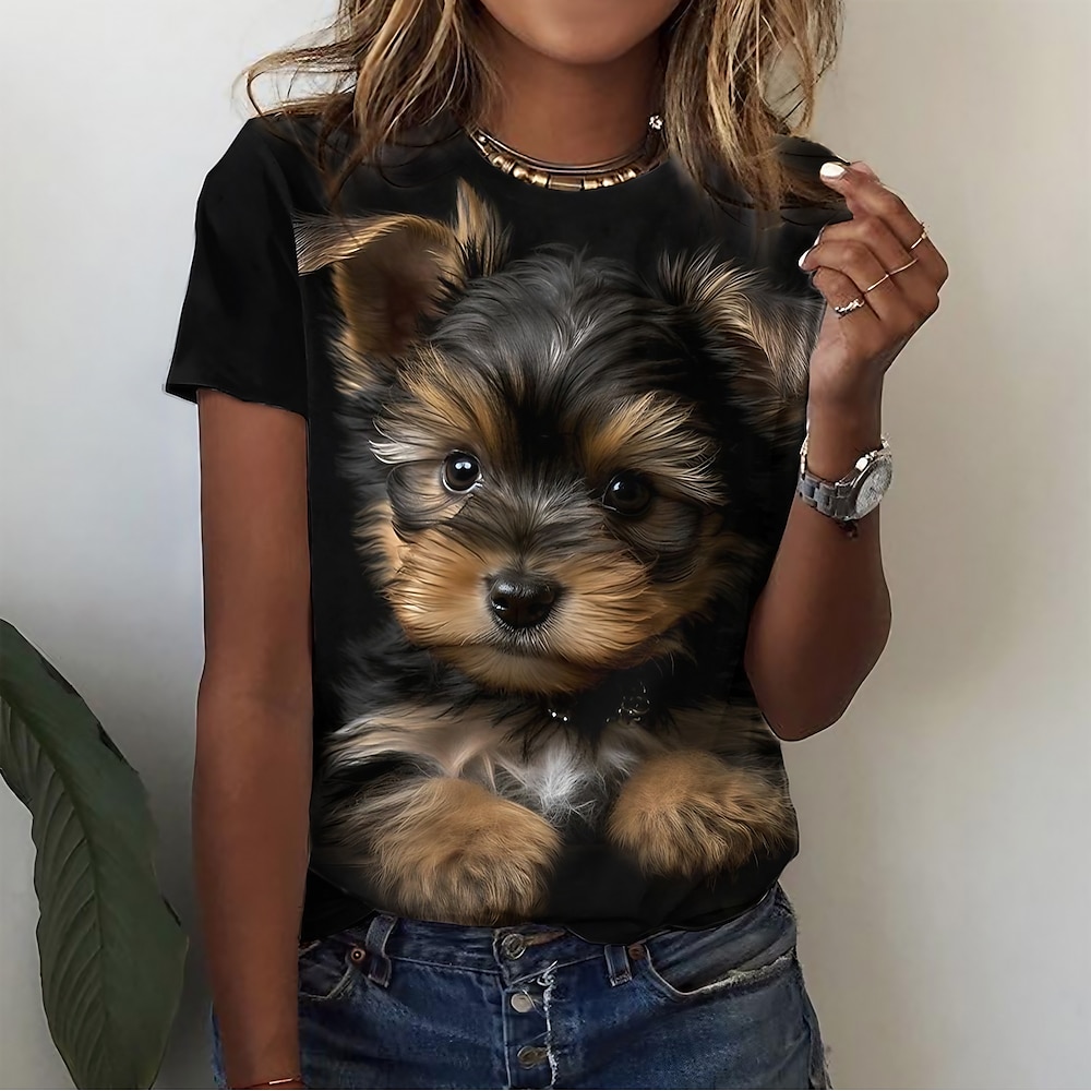 Damen T Shirt Polyester Basic Hund Bedruckt Kurzarm Normale Oberteile Rundhalsausschnitt Täglich Wochenende Schwarz Lightinthebox