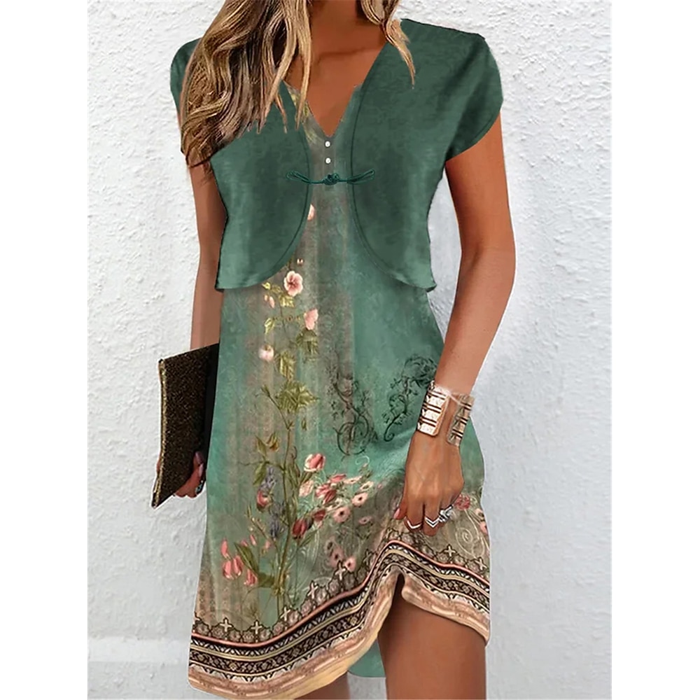 Damen Kleid-Set Casual kleid Kleid für Hochzeitsgäste Tank-Top Kleid Elegant Vintage Blumen Knopf Bedruckt Midikleid Kurzarm V Ausschnitt Täglich Verabredung Grün Sommer Frühling Regular Fit Lightinthebox