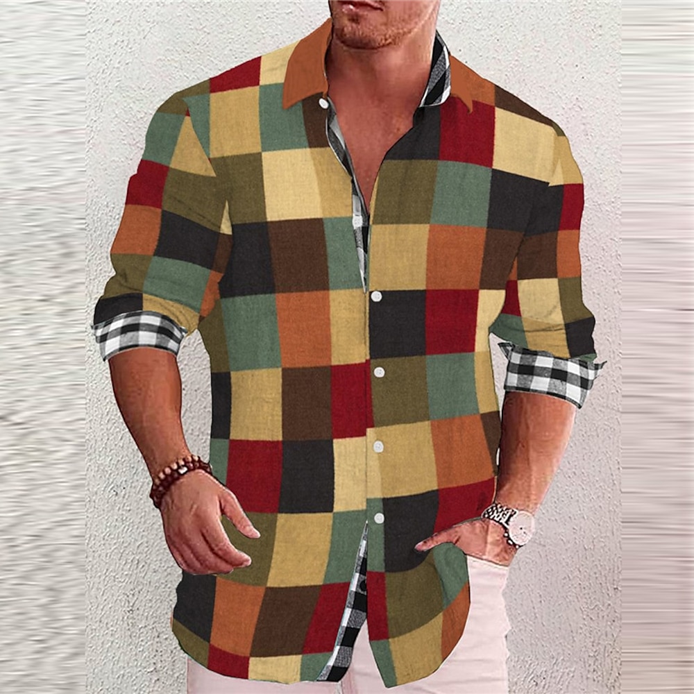 Herren Plaid / Karomuster Geometrische Muster Geometrie Hemd Knopfhemd Langarm Modisch Strassenmode Designer Outdoor Strasse Täglich Sommer Frühling Herbst Ständer Bedruckt Gelb Rote Blau Braun Blau Lightinthebox