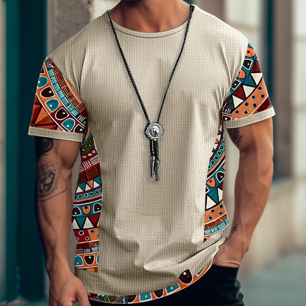 Herren T Shirt Waffelstrick-T-Shirt T-Shirt Stammes Rundhalsausschnitt Strasse Urlaub Kurze Ärmel Bekleidung Designer Ethnischer Stil Basic Lightinthebox