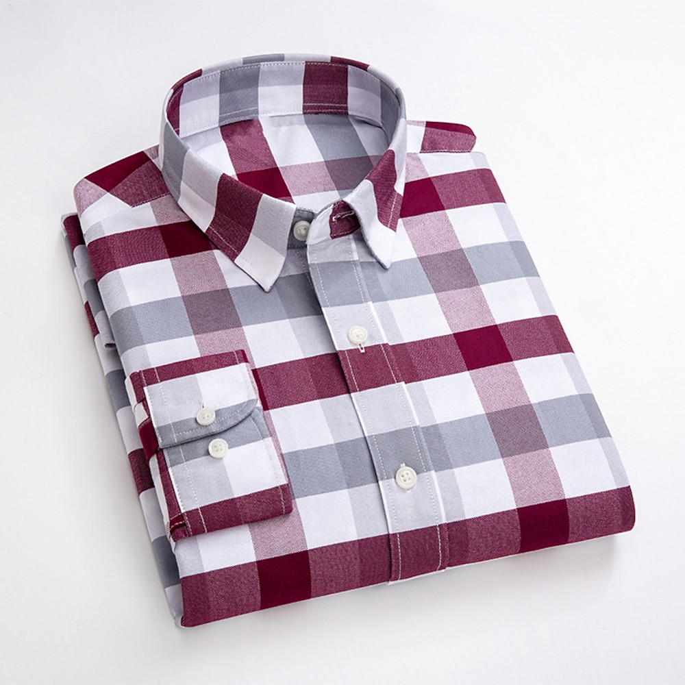 Herren Oberhemd Kariertes Hemd trachtenhemd Hemd Kragenhemd Oxford Hemd Plaid / Karomuster Hochzeit Arbeit weiß grau Wein Khaki Langarm Umlegekragen Frühling Herbst Bekleidung Button-Down Lightinthebox