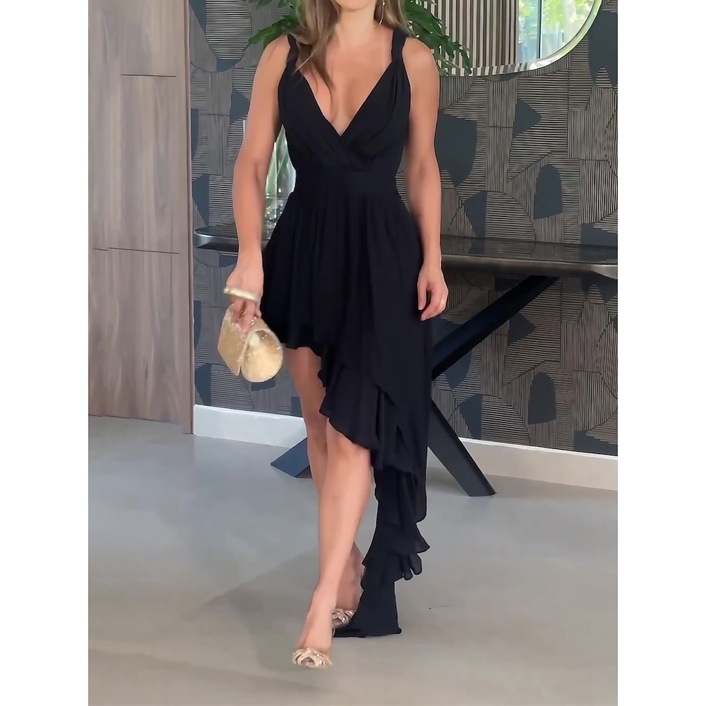 Damen schwarzes kleid Ballkleid abendkleider Chiffon Rüsche Rückenfrei Tiefes V Ärmellos kleid hochzeitsgast Besondere Anlässe Schwarz Sommer Frühling Lightinthebox