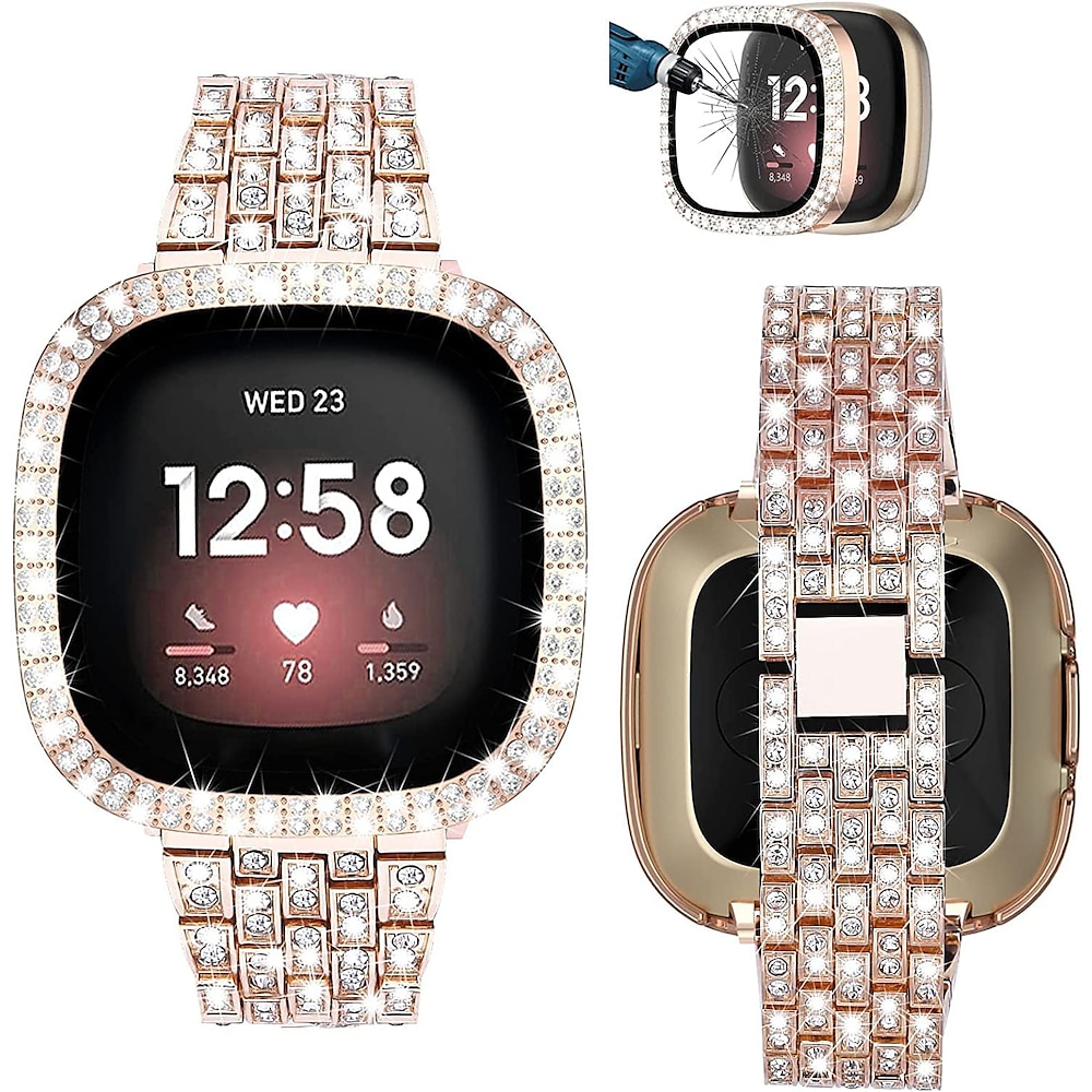 Smartwatch-Armband kompatibel mit Fitbit Versa 3 / Sense / Versa 4 / Sense 2 Bling Diamond Metallarmband Ersatz mit Displayschutzfolie für Fitbit Versa 3 / Sense / Versa 4 / Sense 2 Lightinthebox