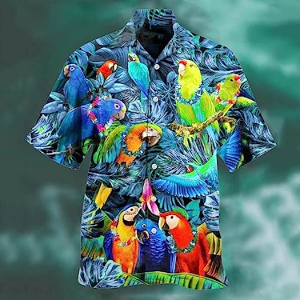 Herren Tier Papagei Palmblatt Hemd Hawaiihemd Sommerhemd Camp-Shirt Kurzarm Hemd Umlegekragen Modisch Designer Brautkleider schlicht Outdoor Strasse Casual Meerblau Meeresblau Rote 3D-Druck S M L Lightinthebox