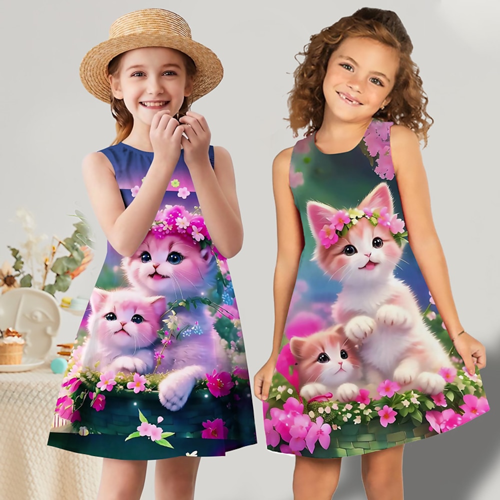 kinderkleidung Mädchen Kleid Graphic Blumen Katze Ärmellos Outdoor Casual Modisch Kuschelig Täglich Polyester Übers Knie Casual kleid A Linie Kleid Tank-Top Kleid Sommer Frühling 3-12 Jahre Hellgrün Lightinthebox