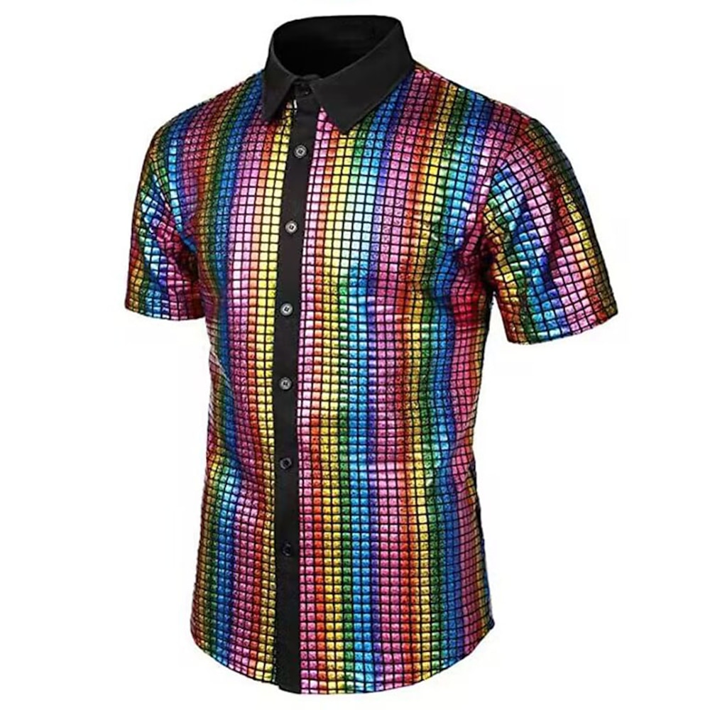 Herren Abschlussball-Shirt Disco-Shirt Smokinghemden Schwarz Gelb Blau Regenbogen Kurzarm Glatt Kargen Sommer Frühling Formeller Abend Geburtstag Bekleidung Pailletten Lightinthebox