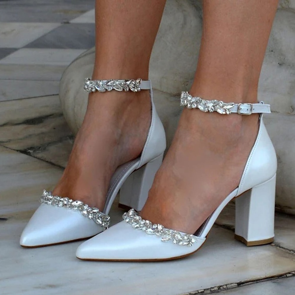 Hochzeitsschuhe für Braut, Brautjungfer, Damen, geschlossene Zehenpartie, spitze Zehenpartie, weiße Kunstleder-Pumps mit Strass-Kristall, klobiger Absatz, Hochzeit, Party, Valentinstag, elegant, klassisch, Knöchelriemen Lightinthebox