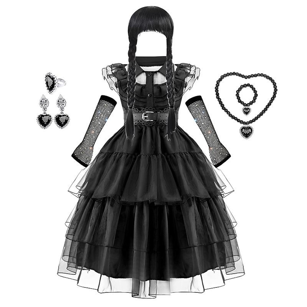 Mädchen Mittwoch Addams Addams Family Kleid Perücke Zubehör Cosplay Outfit Punk Gothic Rüschenbesatz mehrlagiger Saum Netzkleid Kostüm Dress Up Geburtstagsparty Performance Halskette Ohrclip Netzhandschuhe Lightinthebox