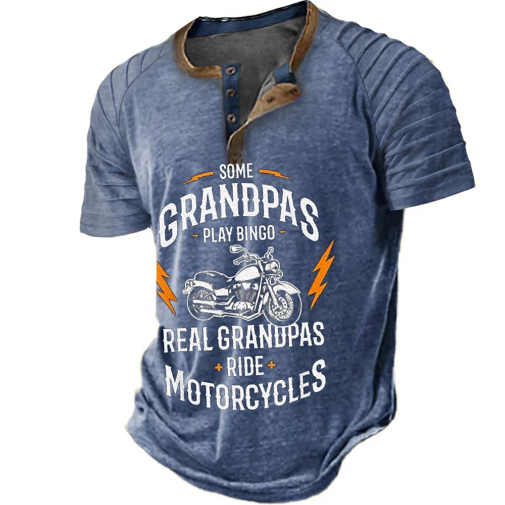 Papa-Shirts zum Vatertag, Motorrad-Vintage-Herren-3D-Shirt zum Geburtstag | braune Sommerbaumwolle | Henley-Raglan-Buchstaben-Grafikdrucke, Kleidung, Outdoor, Alltag, kurze Ärmel, Patchwork, Falten, Lightinthebox