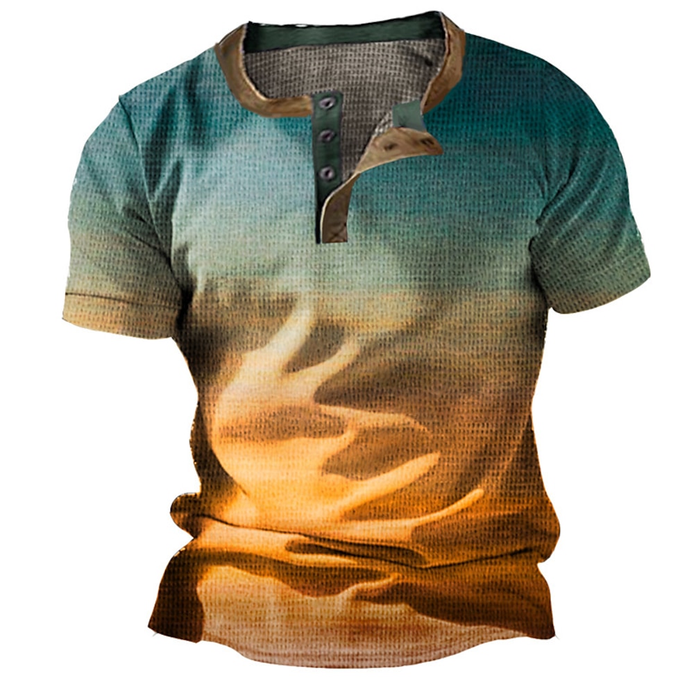 Das Ombre-T-Shirt für Herren, grafischer Farbverlauf, Modedesigner, Basic, Waffelmuster, Henley, Vintage, Outdoor, Alltags-T-Shirt, Gelb, Rot, Blau, Kurzarm, Sommer, Batikfärbung, lässige Baumwolle Lightinthebox