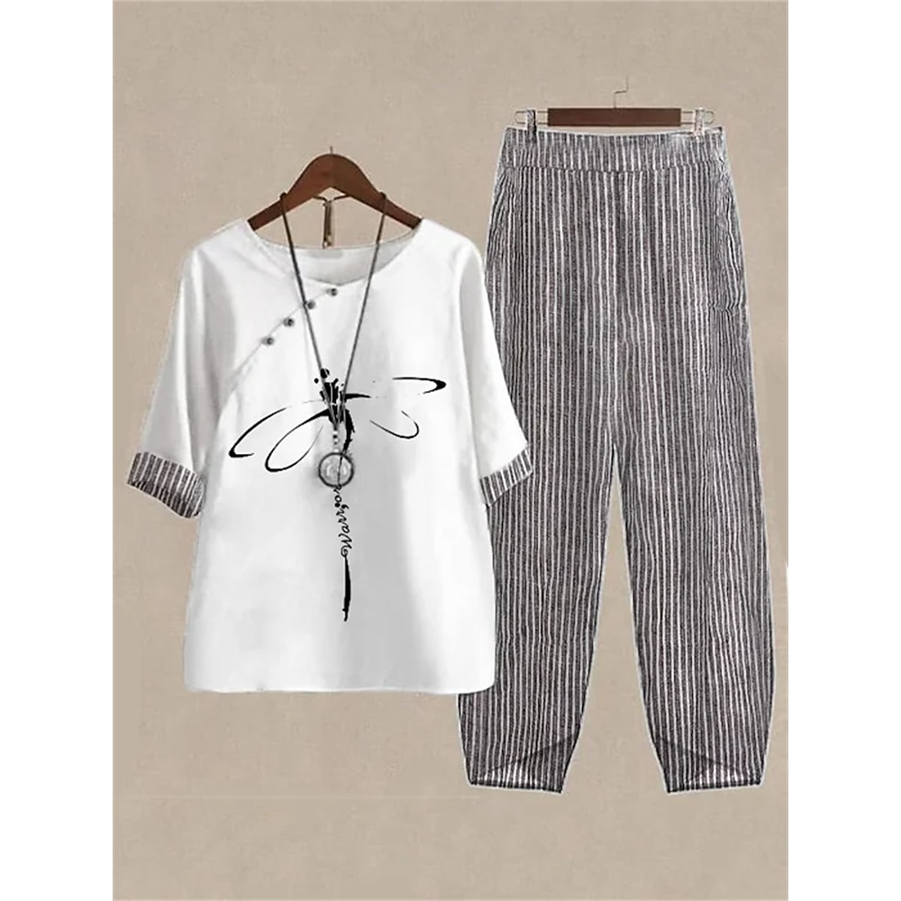 Damen 2-teilig Elegante Mode Basis Shirt Hosen Sets Hosen Stoffe Halbärmel Runder Ausschnitt Grafik Gestreiftes Muster Urlaub Wochenende Schwarz Weiß Rosa Herbst Winter Reguläre Passform Lightinthebox