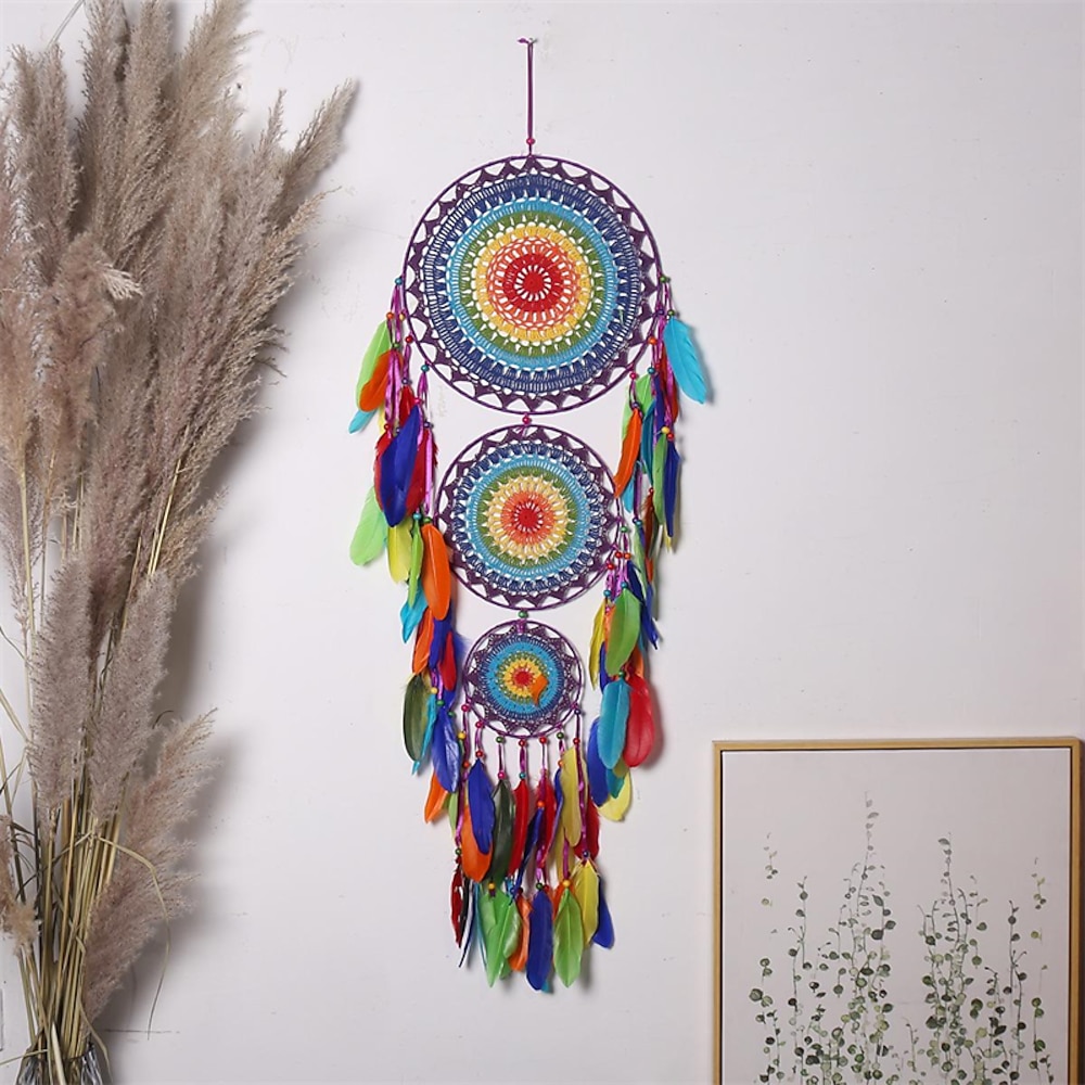 Traumfänger mit drei Ringen, handgefertigtes Geschenk, Federhaken mit drei Kreisen, Ornament im indischen Stil, Wandbehang, Dekor, Kunst, Boho-Stil, 35 x 110 cm/13,77'' x 43,3'' Lightinthebox