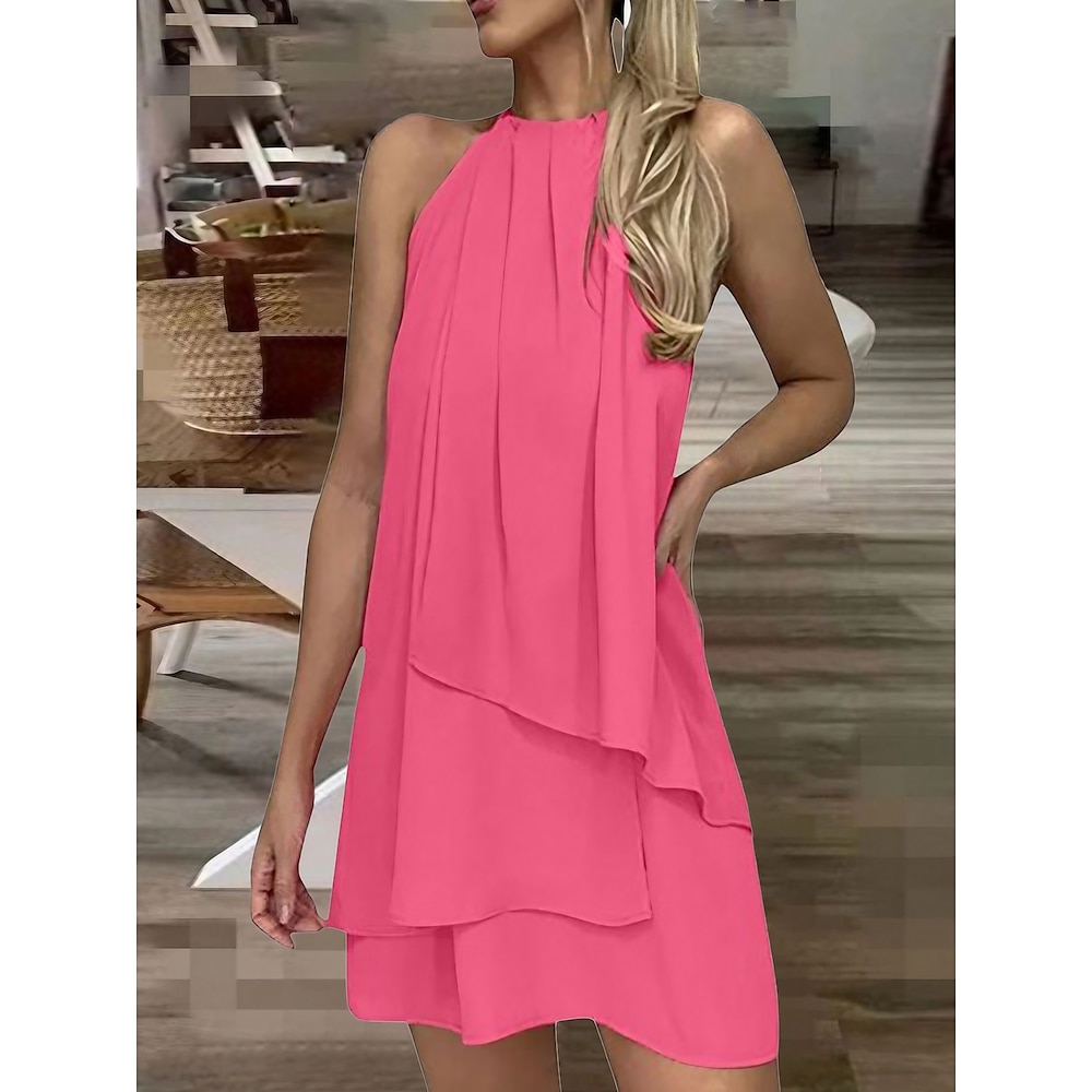 Damen Arbeitskleidung Chiffon-Kleid schwarzes kleid Modisch Minikleid Layer-Look Rundhalsausschnitt Ärmellos Glatt Regular Fit Schwarz Weiß Rosa Sommer Frühling S M L XL XXL Lightinthebox